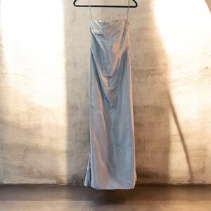 [Oscar De La Renta] Light Blue/Steel Gray Silk Satin Strapless Gown Sz: 6